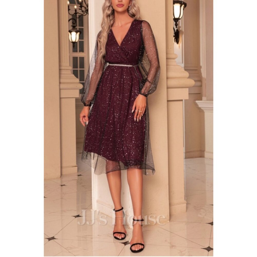 JJs House Burgundy A-Line Dress XL Womens Sparkly Party Gown With Sheer Sleeves - Picture 15 of 16